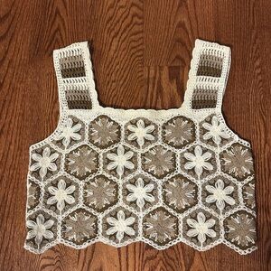 Rebellion Crochet Floral Tank crop Top square neck - Cream and Brown cotton Med